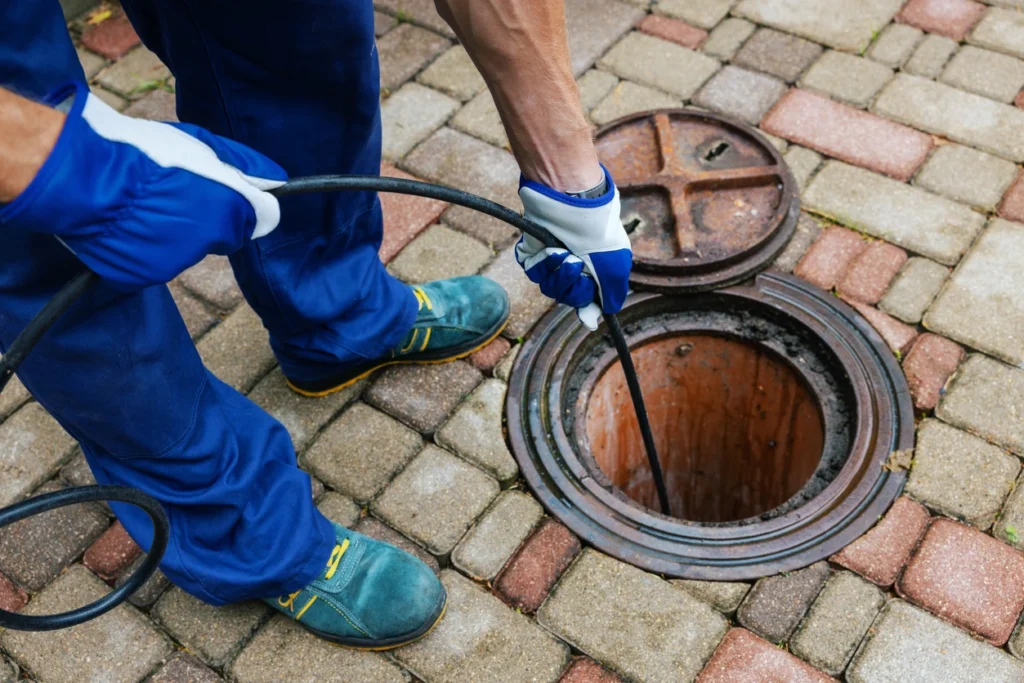 A professional technician cleaning sewer and drain